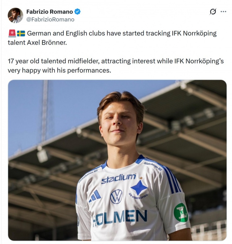 罗马诺：德国、英格兰俱乐部关注北雪平17岁中场布伦纳